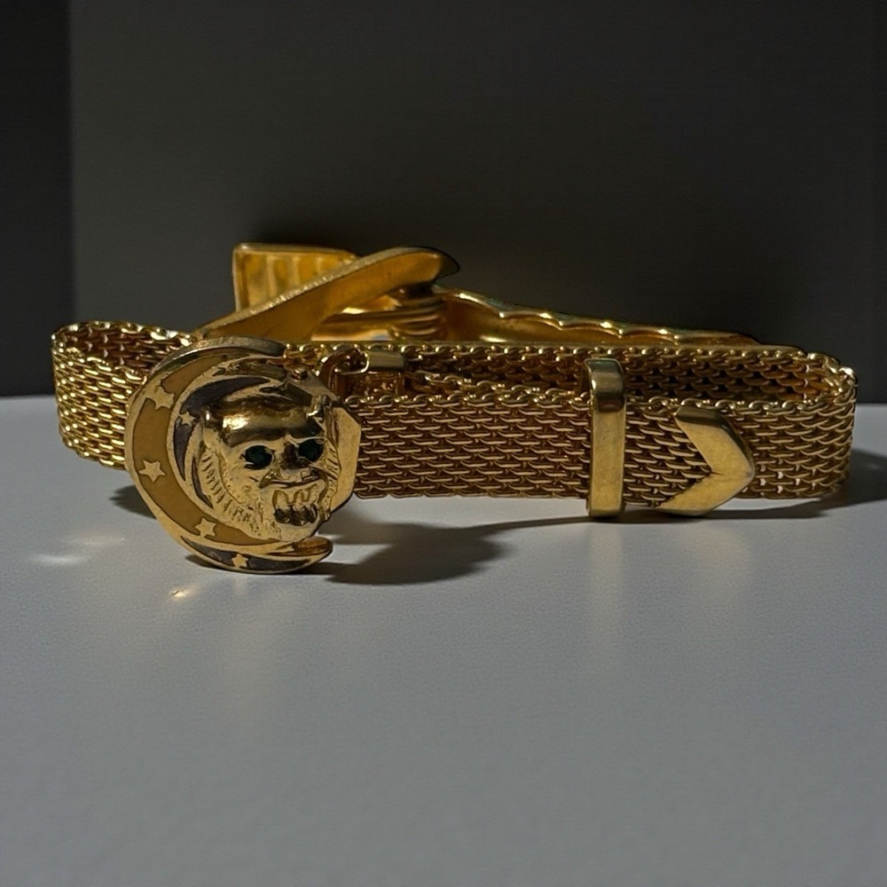 VTG Lion Moon Tie Clip Bar Mesh Wrap Around Celestial Gold Tone Green‎ Eyes MCM